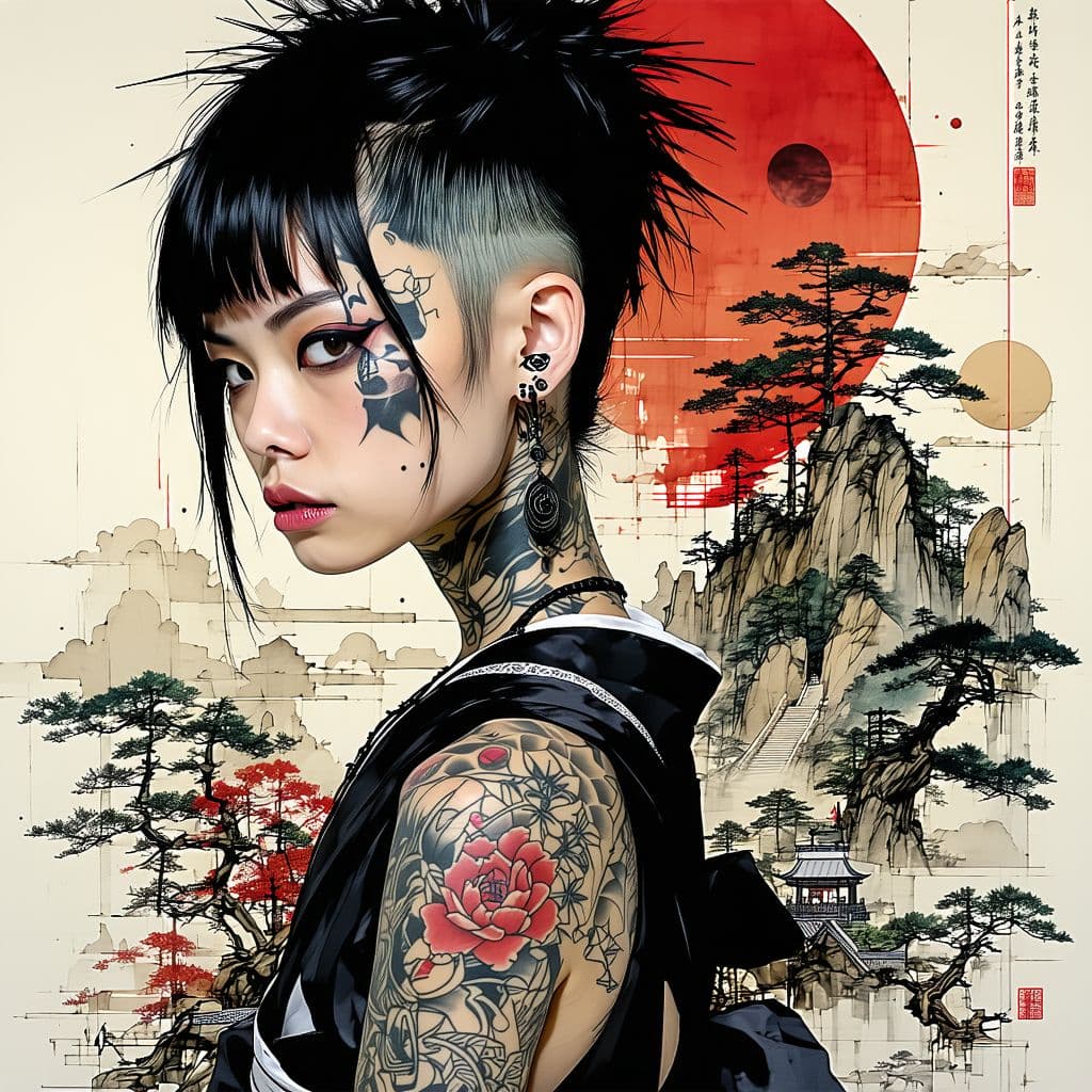 AI generated: A striking and captivating illustration of a Japanese punk woman, adorned with traditional tattoos t...