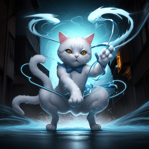 AI generated: an anthropomorphic cat wearing white linen is depicted in an action pose, swirling water with an arr...