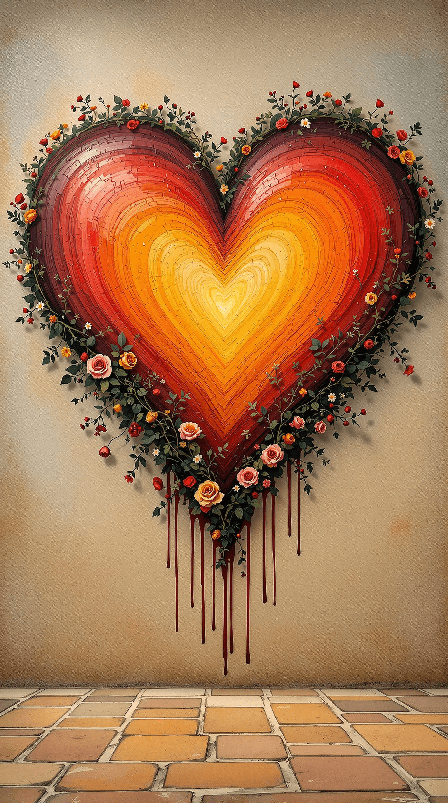 AI generated: A breathtaking artistic heart mural painted on a rustic, weathered wall. The heart is a fusion of wa...