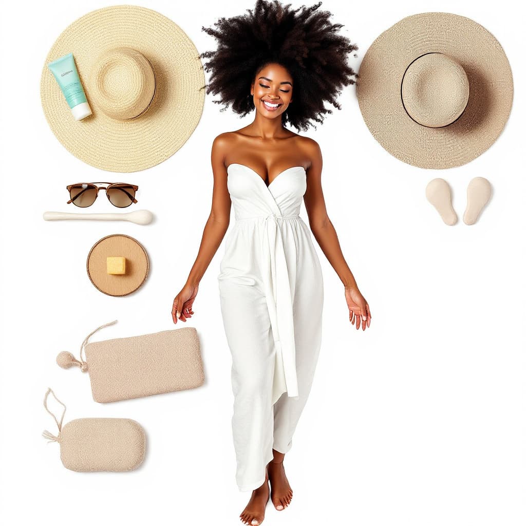 AI generated: full-body view of an african american female on a spa vacation with all of the essentials. Image mus...