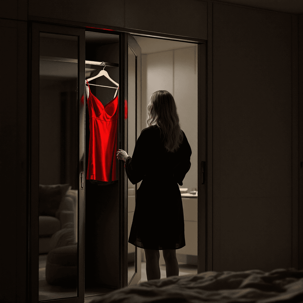 AI generated: A sliding-door open closet in a luxurious bedroom. Inside the closet there is a red spaghetti-strap ...