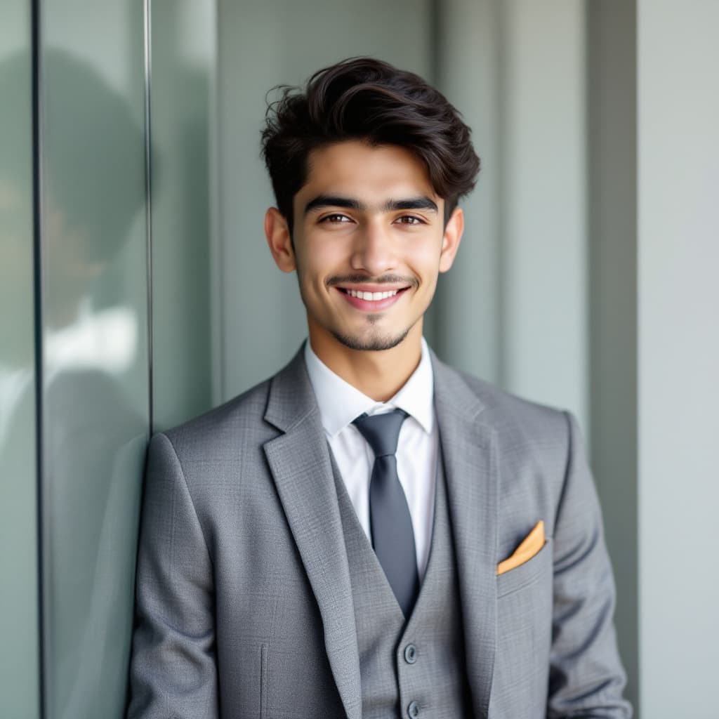 AI generated: A man wear good and professional suite he  is 17 years old Pakistani boy smiling  