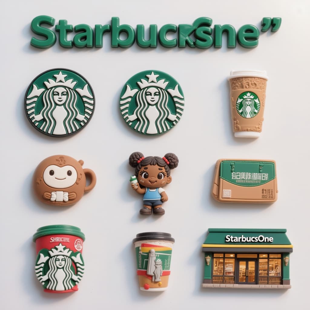 AI generated: A clean top-down flat-lay of exactly 9 hyper-realistic 3D resin fridge magnets on a pure white backg...