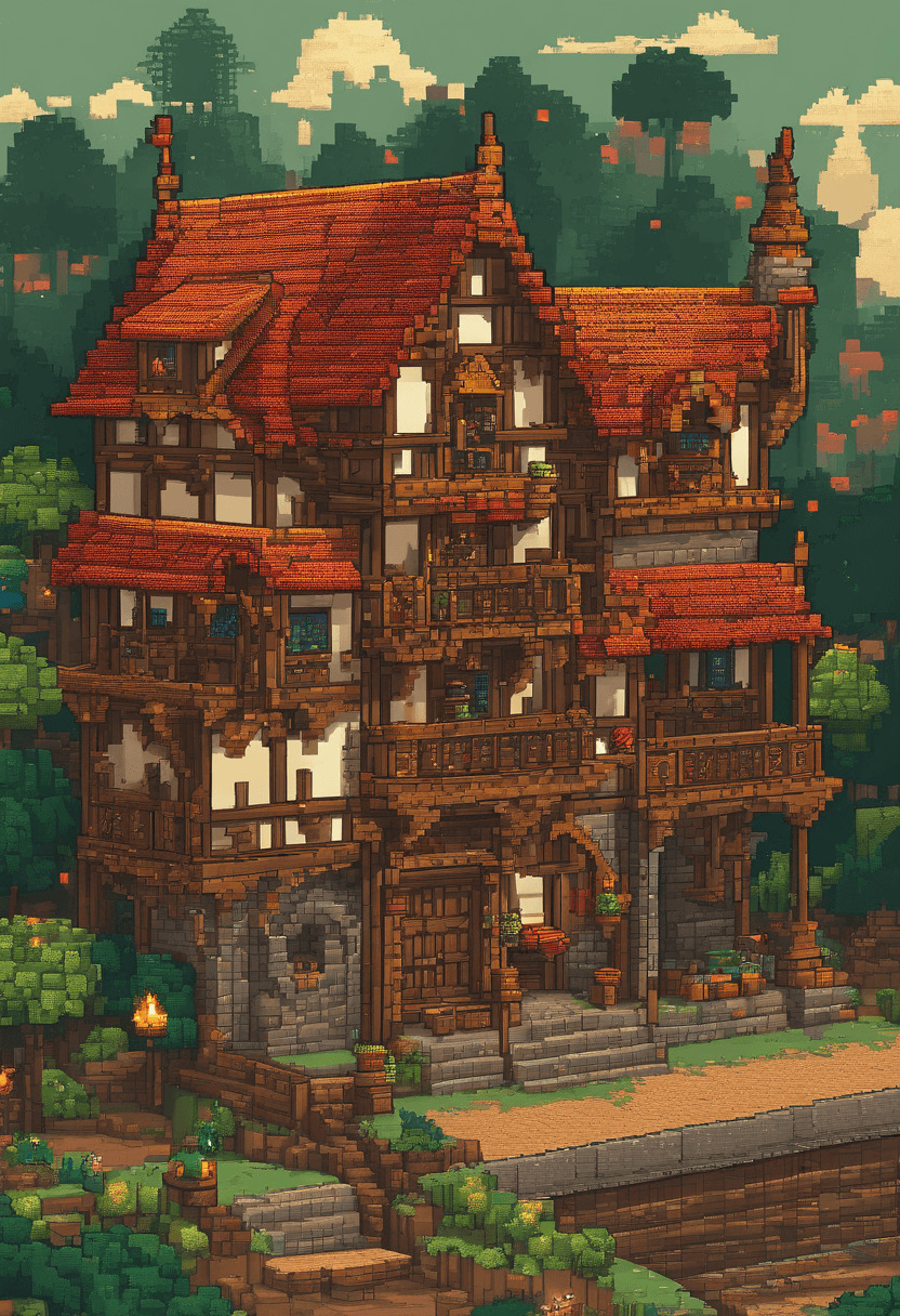 AI generated: Medieval House Surrounded by Pixel Art Walls. Night. Pixel Art 3D 4K Wallpaper. Amazing pixel art de...