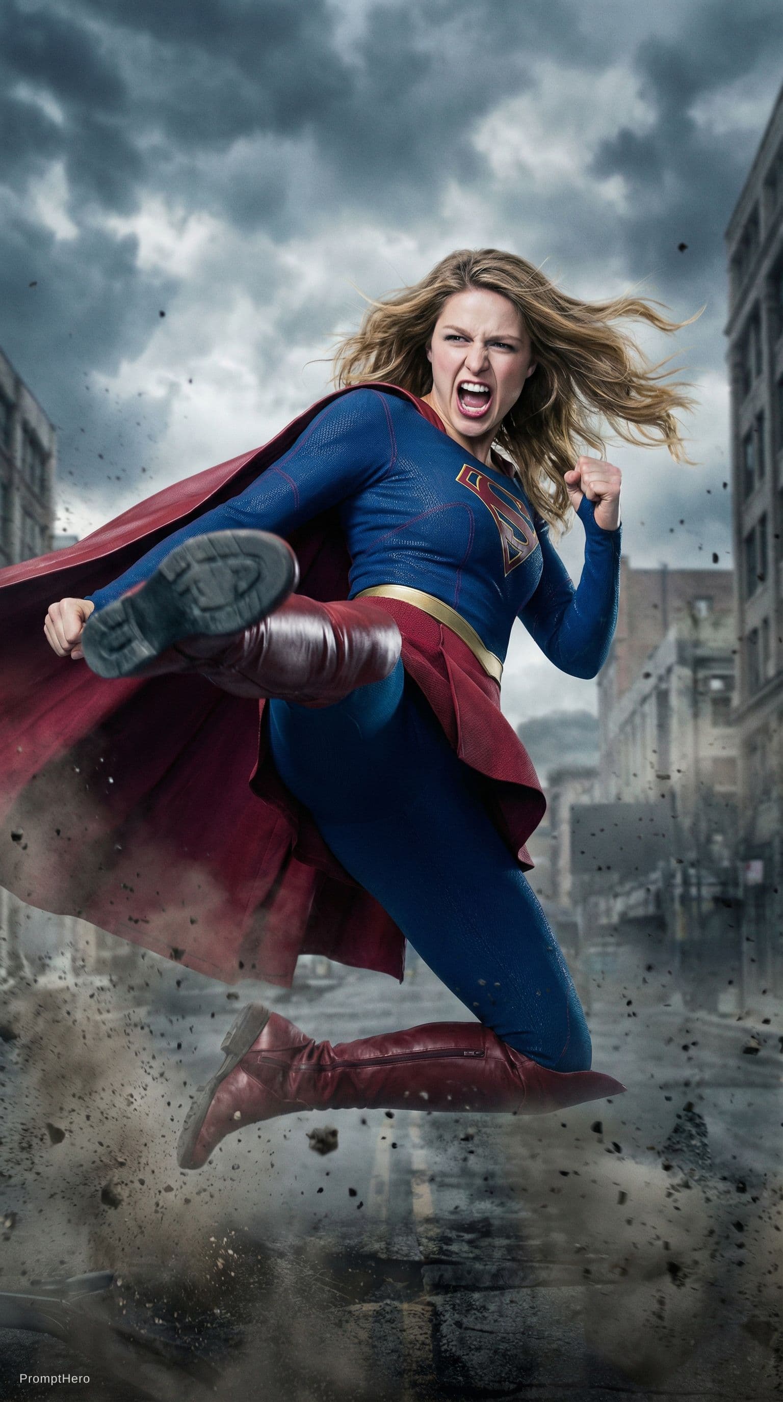 AI generated: Supergirl, expressive face, screaming, facing camera, (karate kicks viewer), best quality, full body...