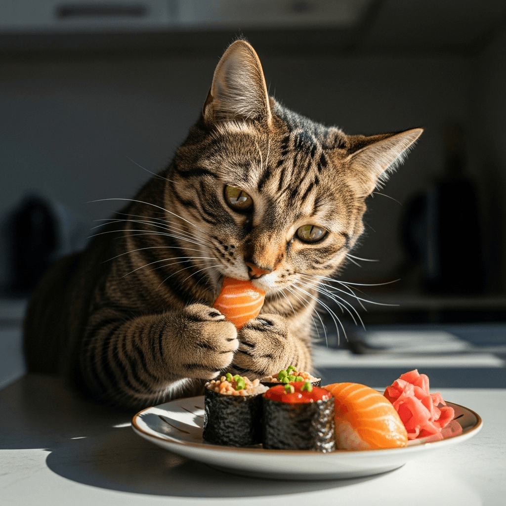 AI generated: gato comiendo sushi

