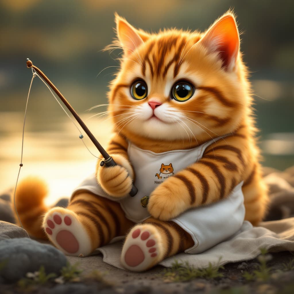 AI generated: "A cute, chubby orange tabby cat with dark orange stripes, wearing a white apron with a small cartoo...