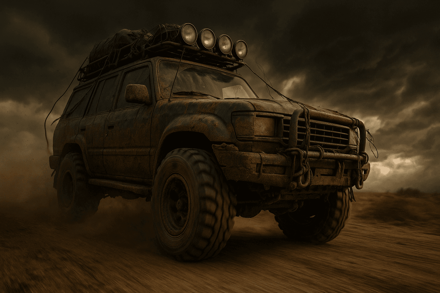 AI generated: A heavily modified, post-apocalyptic off-road SUV covered in mud and dirt, parked on a desolate dust...