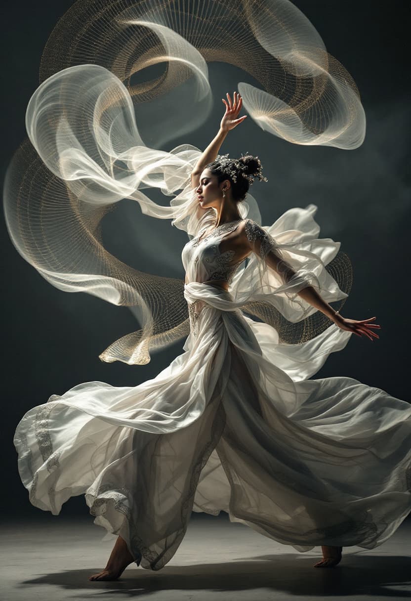 AI generated: conceptual art, expressive dance captured mid-movement, traditional costumes with intricate metallic...