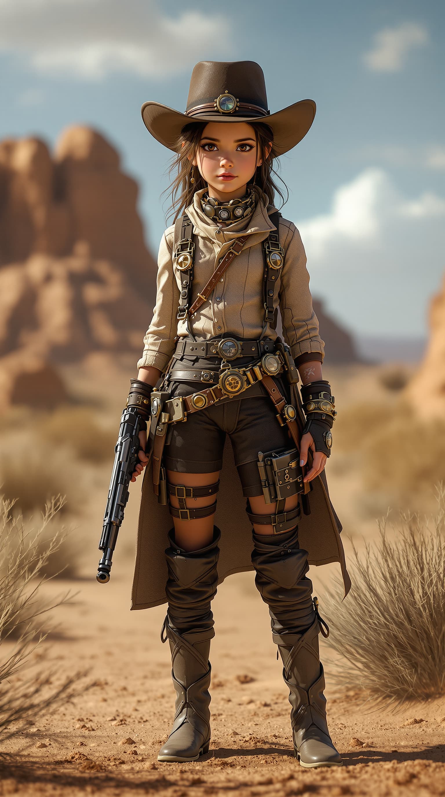 AI generated: A hyper-realistic depiction of a age 7 Jenna Ortega playing the role of a steampunk gun slinger, dre...