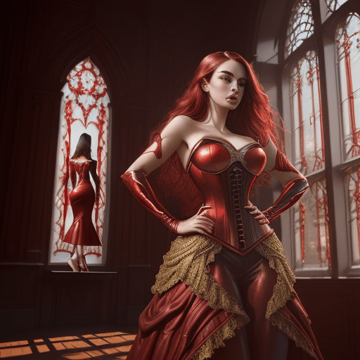 AI generated: arafed woman in a red corset and a red dress, karol bak uhd, alena aenami and artgerm, fantasy woman...