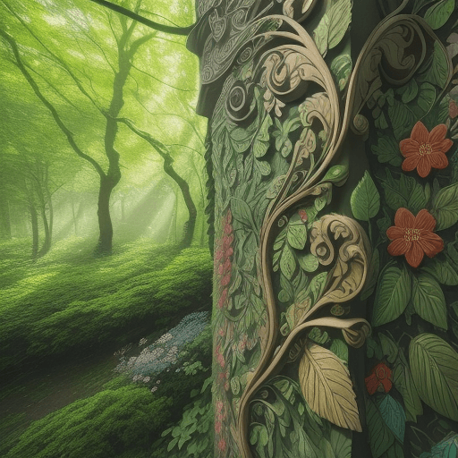 AI generated: An enchanting forest mural on a towering wall, covered in vibrant foliage and blooming flowers, sunl...