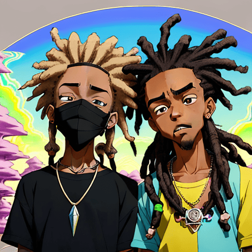 AI generated: Boondocks type cartoon design, two black boys with dreadlocks over their face and eyes, diamond neck...