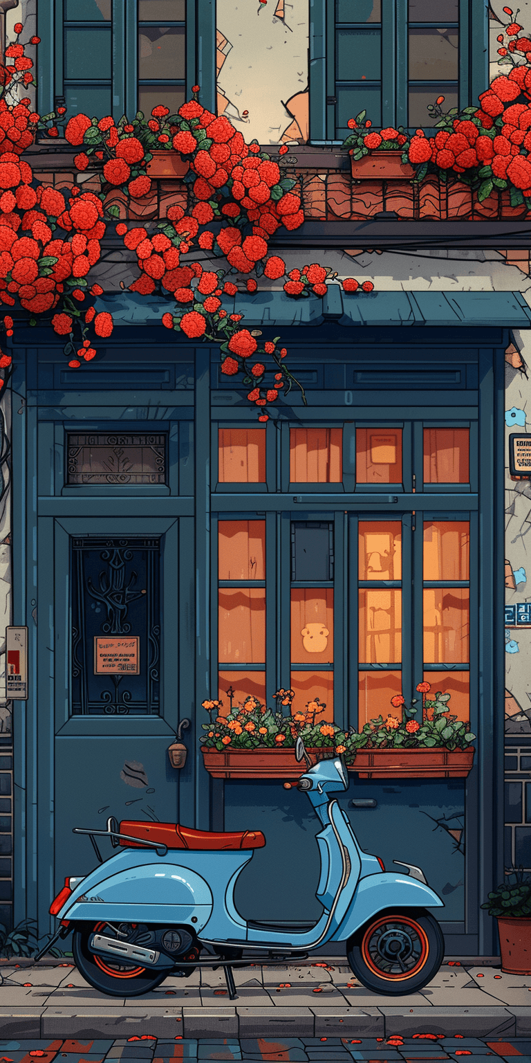 AI generated: A blue moped parked in front of an old building with windows, flat graphic novel illustration in the...