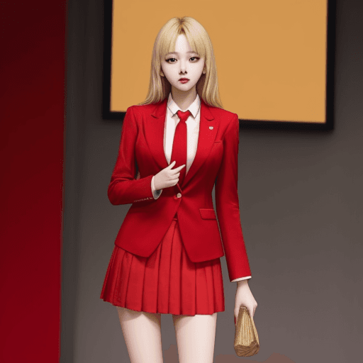 AI generated: pretty kang ji young blonde hair wearing red suit and skirt