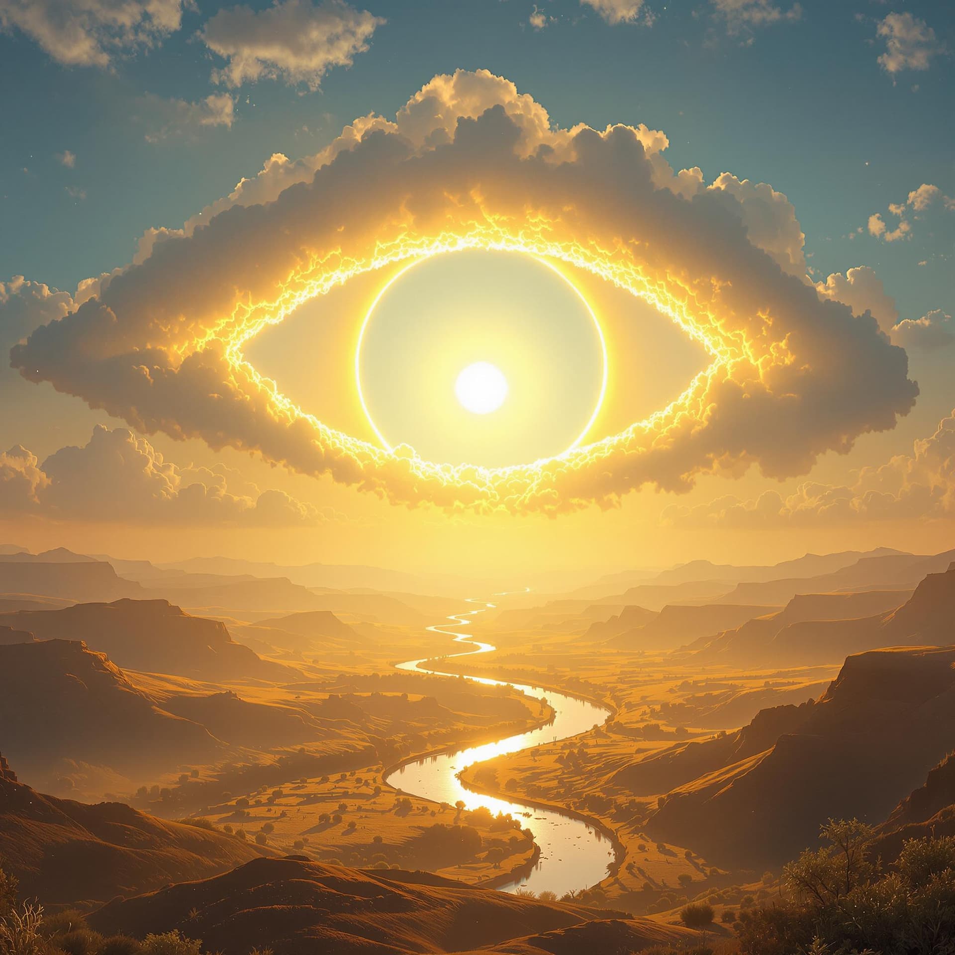 AI generated: A surreal, bright, hyperrealistic landscape bathed in golden morning light. Puffy clouds form a gent...