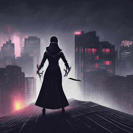AI generated: Digital artwork, concept art, a female ninja with Prompt Hero logo on her chest, standing on rooftop...