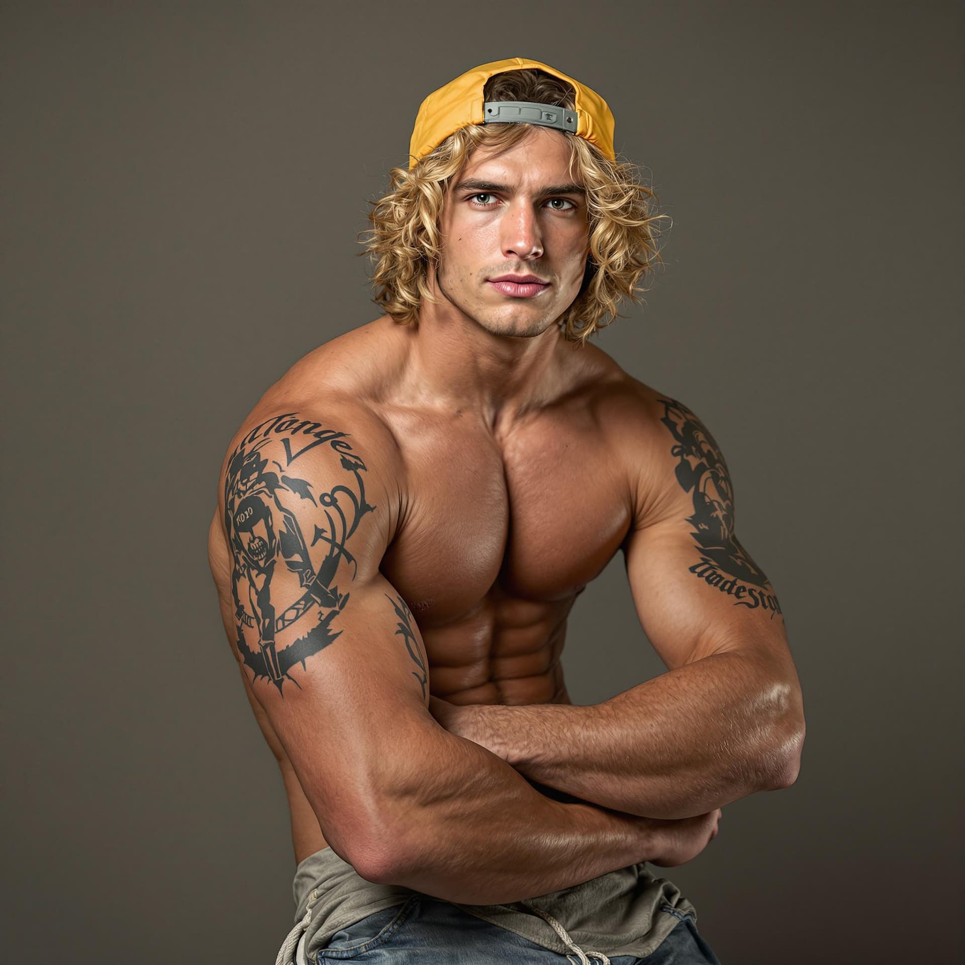 AI generated: young College sports jock, chiseled jaw, round face, crooked smile, curly blonde shoulder length hai...