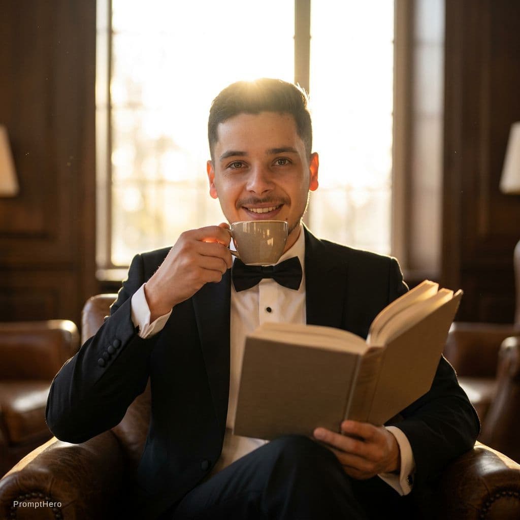 AI generated: Generate a photo of a business man sitting on a chair reading a book in his hand and drinking coffee...