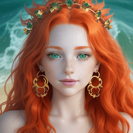 AI generated: /imagine prompt: color photo of a fiery-haired woman with piercing green eyes, her locks cascading i...