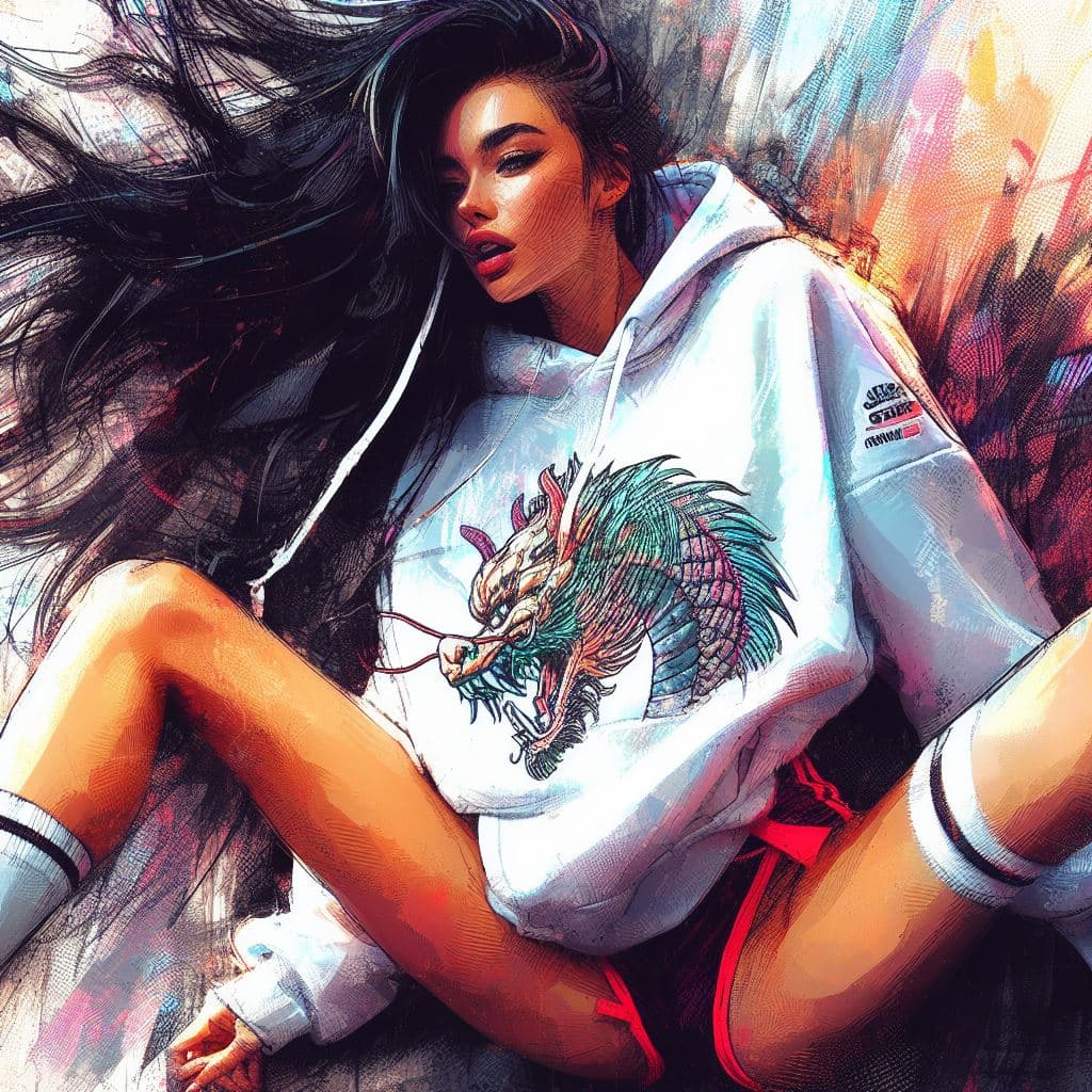 AI generated: aesthetic, painterly style, modern ink, pretty shy thin fit woman, smiling, exausted, stretching her...
