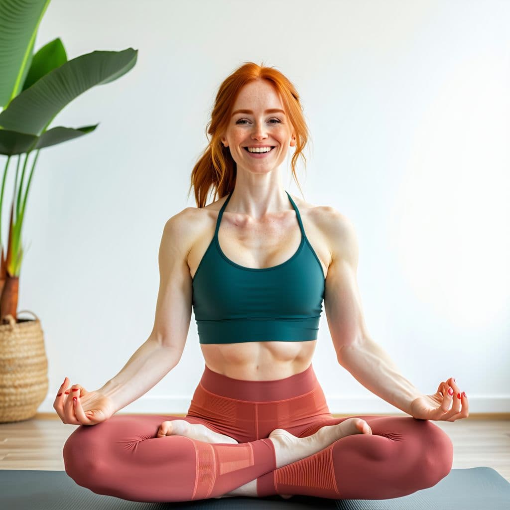 AI generated: busty redhead young woman smiling at viewer, practice yoga, on all fours pose. online course at home...