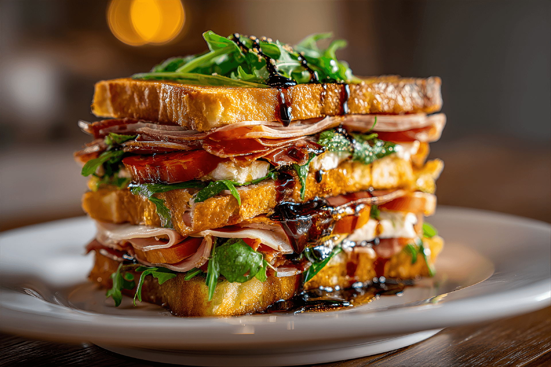 AI generated: towering stack of layered sandwiches takes center stage on a white plate.  Multiple slices of toaste...