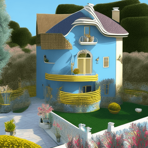 AI generated: House in ar-deco style in skyblue and golden colours  whit cute garden on the sea coast 