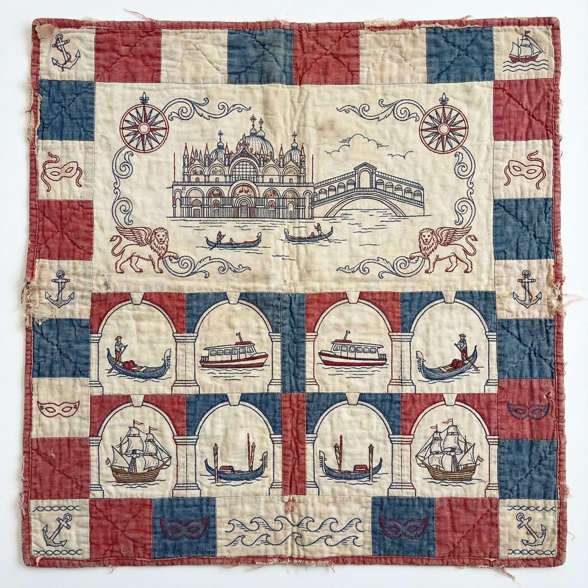 AI generated: Vintage quilted design with a Venice-themed nautical style, featuring ICONIC LANDMARKS, LOCAL BOATS ...