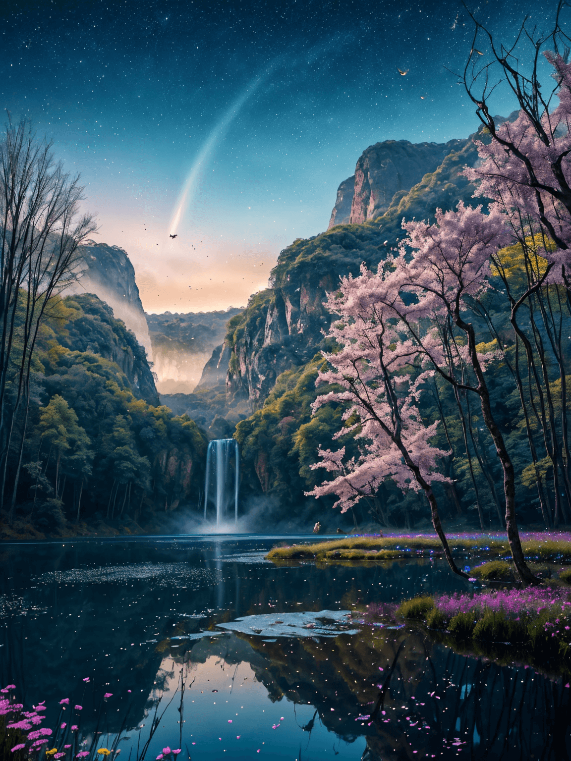 AI generated: In a fantastic, surreal world a scene of breathtaking beauty unfolds. Vibrant trees with iridescent ...