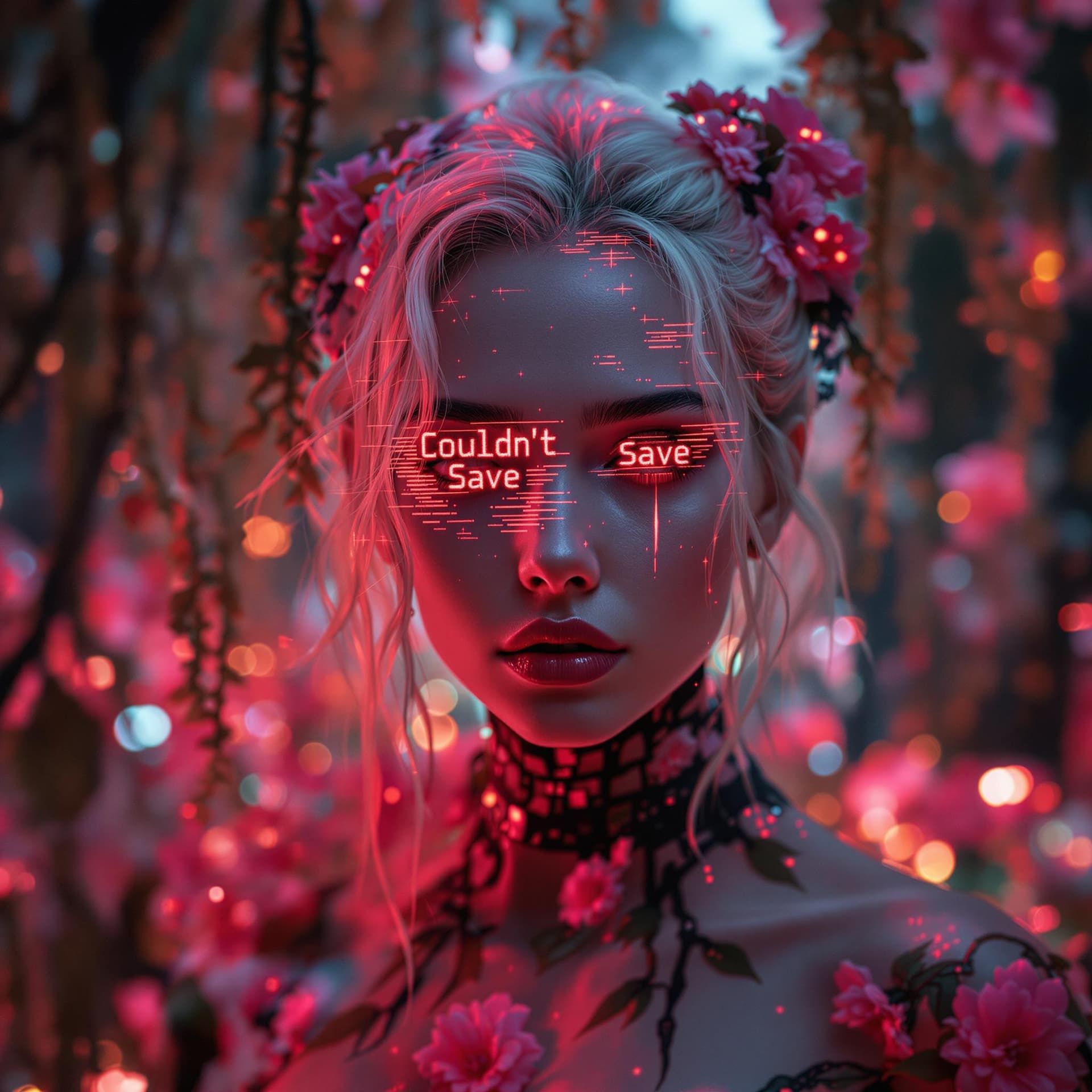 AI generated:  Ultra sharp photography of a centre focused Blonde nymph cyborg with a pixelated teardrop on her fa...