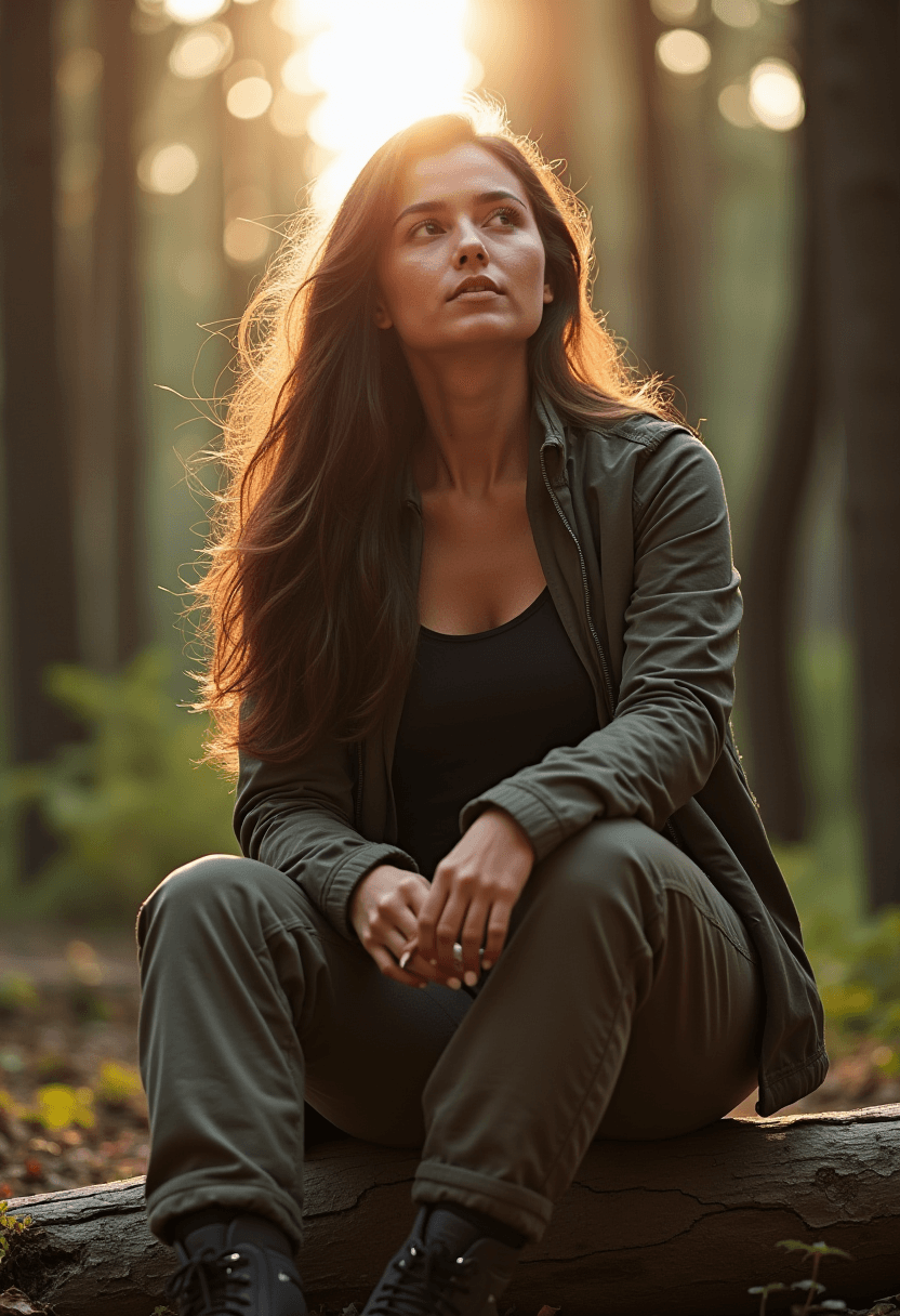 AI generated: close-up photograph of a woman, with long brunette hair, sitting on log in a forest takes a break fr...