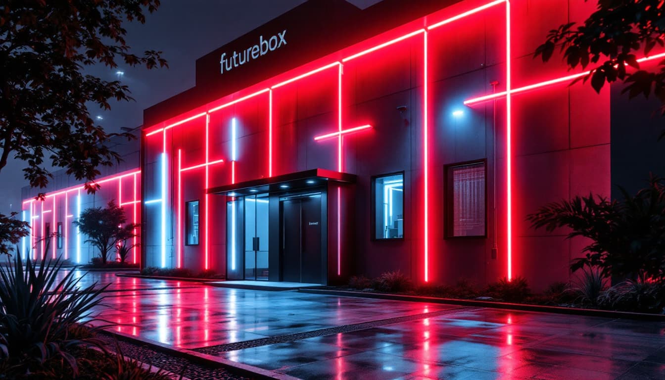 AI generated: audiovisual company office, including the name of company "futurebox"cinematic, snap shooting, exter...