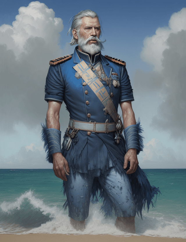 AI generated: A crazy male admiral, grey hair and beard, in torn  blue uniform abandoned on a tropical beach by Gr...