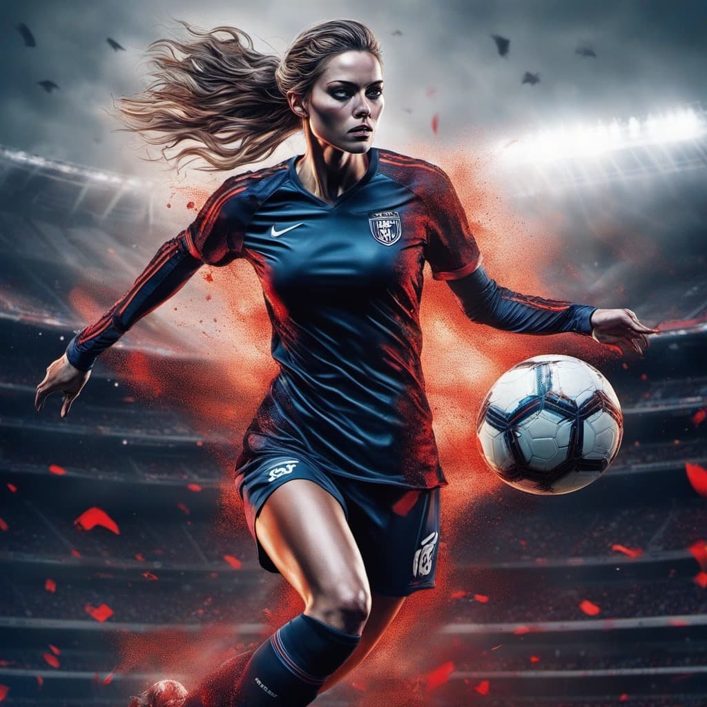 AI generated: A visual stunning full body photography of a female soccer player, stadium, volumetric lighting, vol...