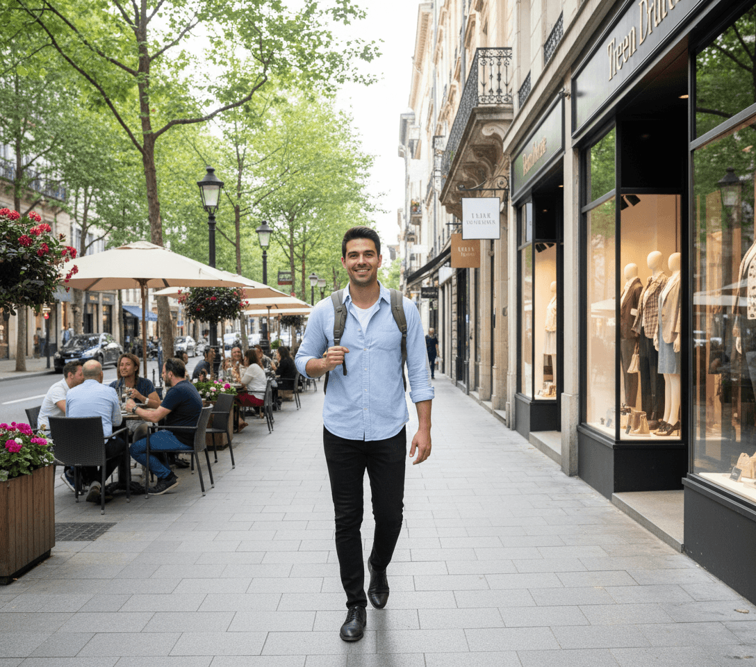 AI generated: The Hispanic male is 5'1" tall, he is walking on the sidewalk next to his right there are boutiques ...