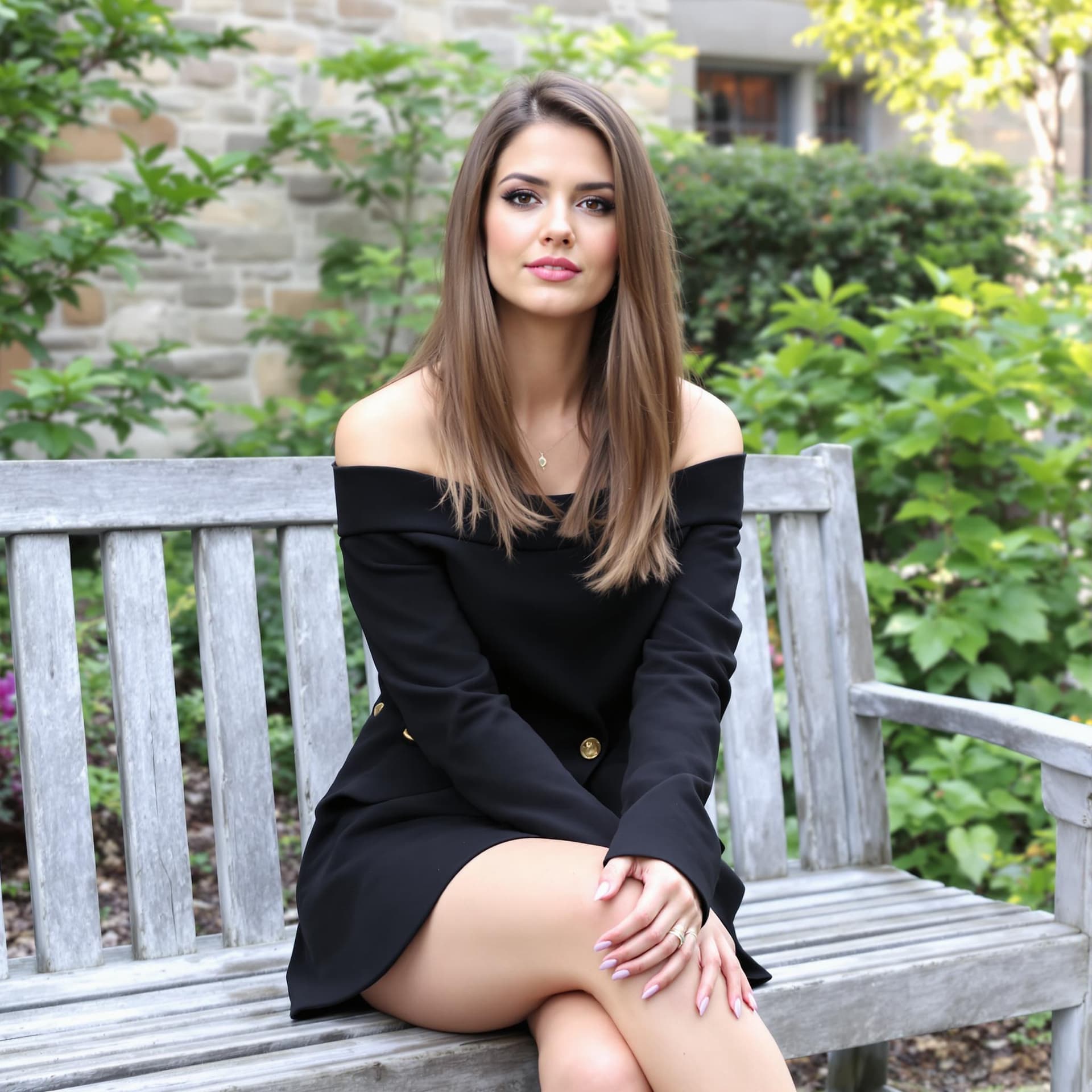AI generated: A woman sitting on a wooden bench outdoors with greenery and a stone building in the background, wea...