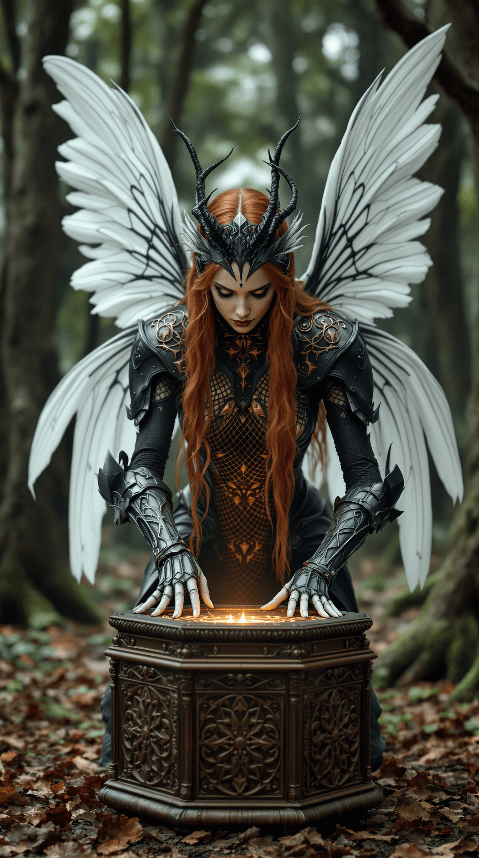 AI generated: A full body photo shot of a woman with long red hair and white Victorian Black Ebony wood armor, ins...