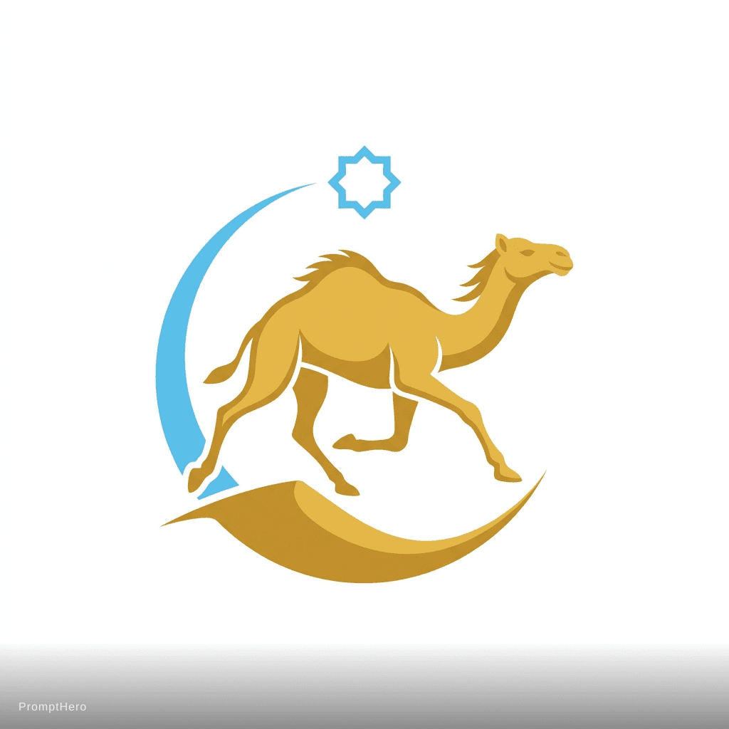 AI generated: صمم لي شعار لبرنامج اسمه أهل الهجن فاز صحراوي اعتمد على لوني الرمال الذهبية و الازرق الفاتح و يكوت ف...