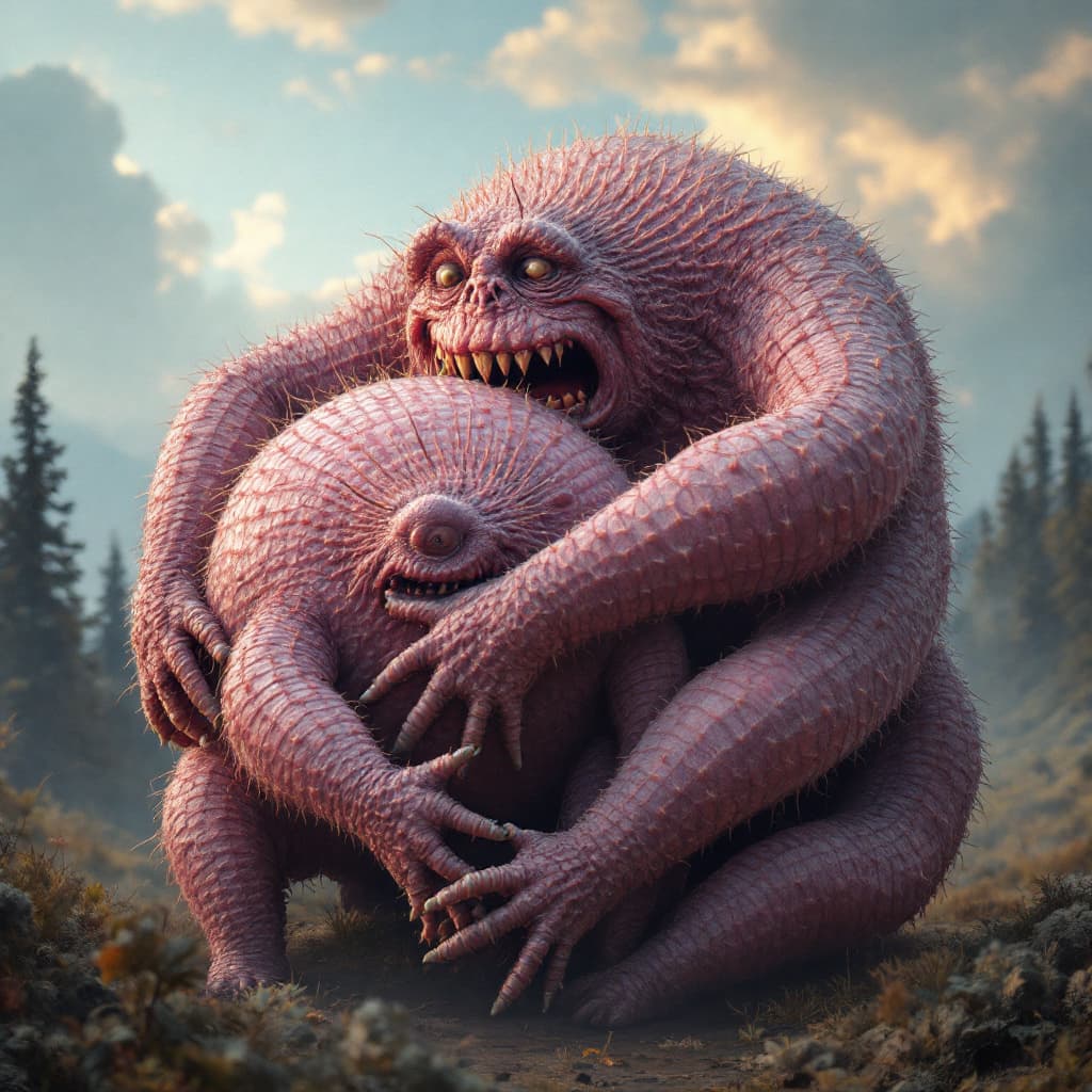 AI generated: a man hugging two huge dermodex mites