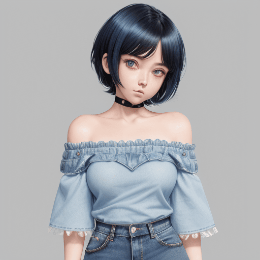 AI generated: Cute girl in blue denim mini skirt showing her hair and off the shoulder shirt, in the style of anim...