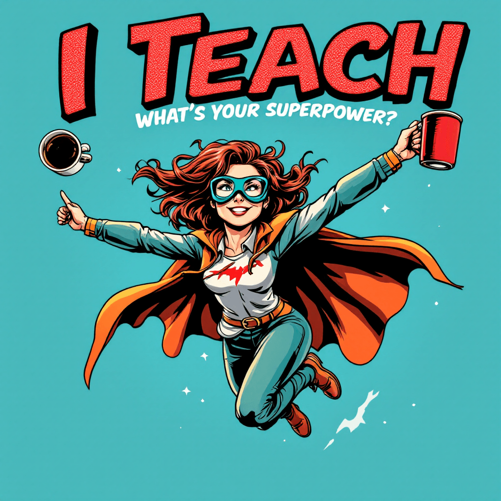 AI generated: A dynamic, comic-style superhero teacher flying with books in one hand and a coffee mug in the other...