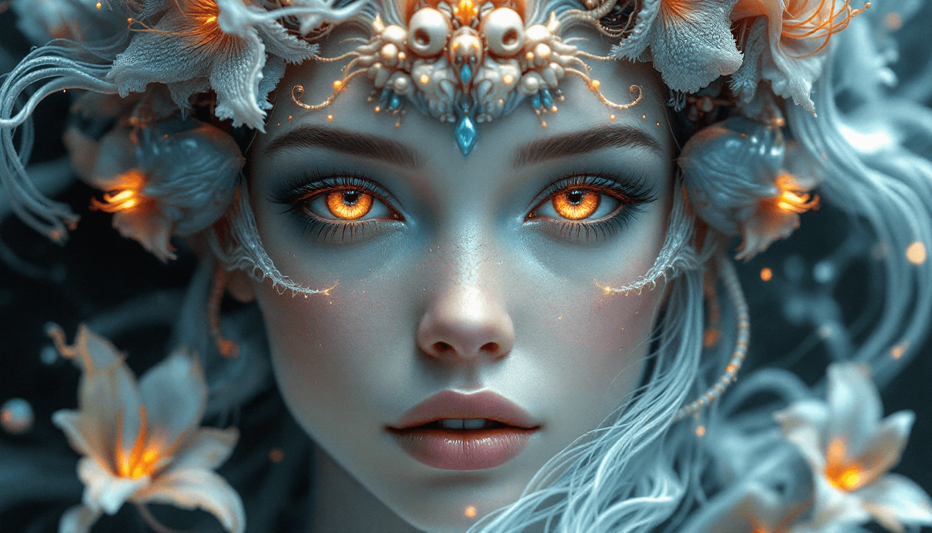 AI generated: Goddess close-up portrait ribcagel. jellyfish phoenix head, nautilus, orchid, skull, betta fish, bio...