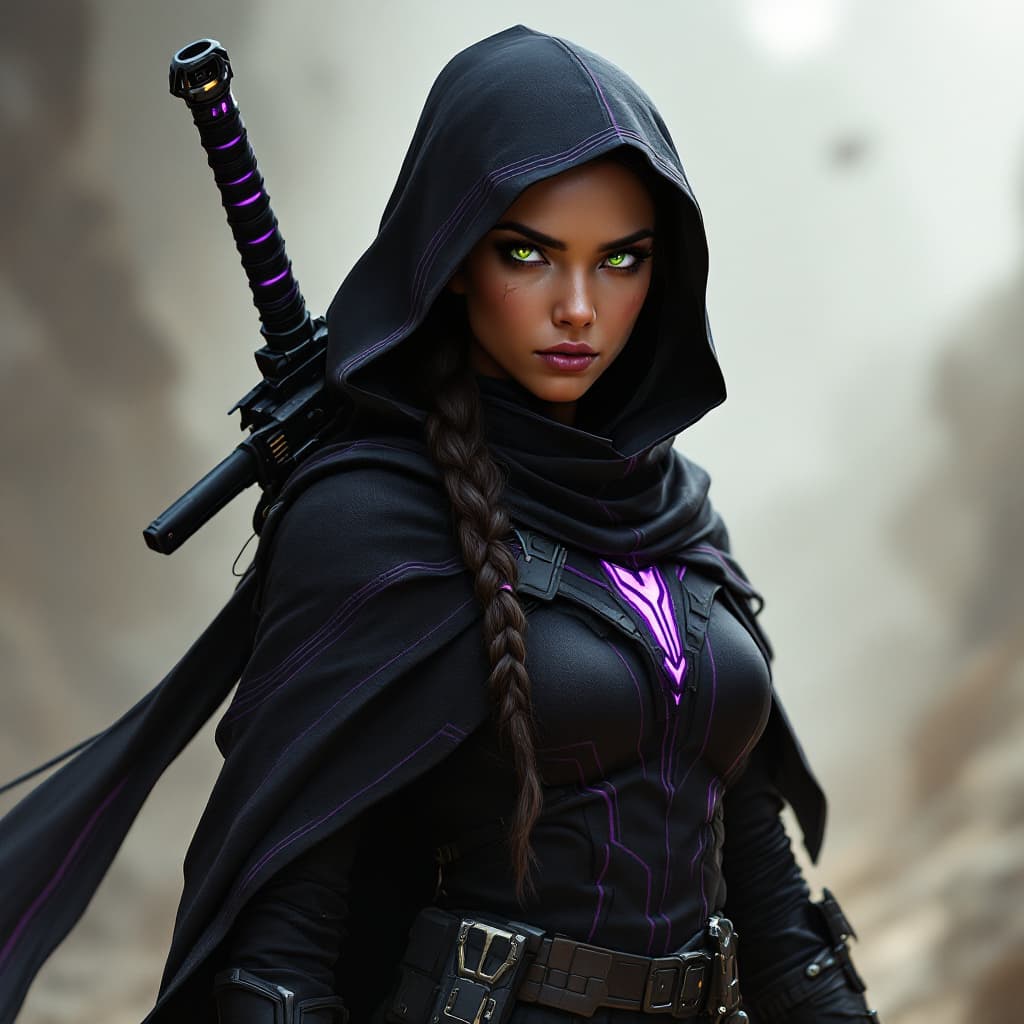 AI generated: Image of a human female galactic combat operator, her robes are black with lines of violet. black ho...
