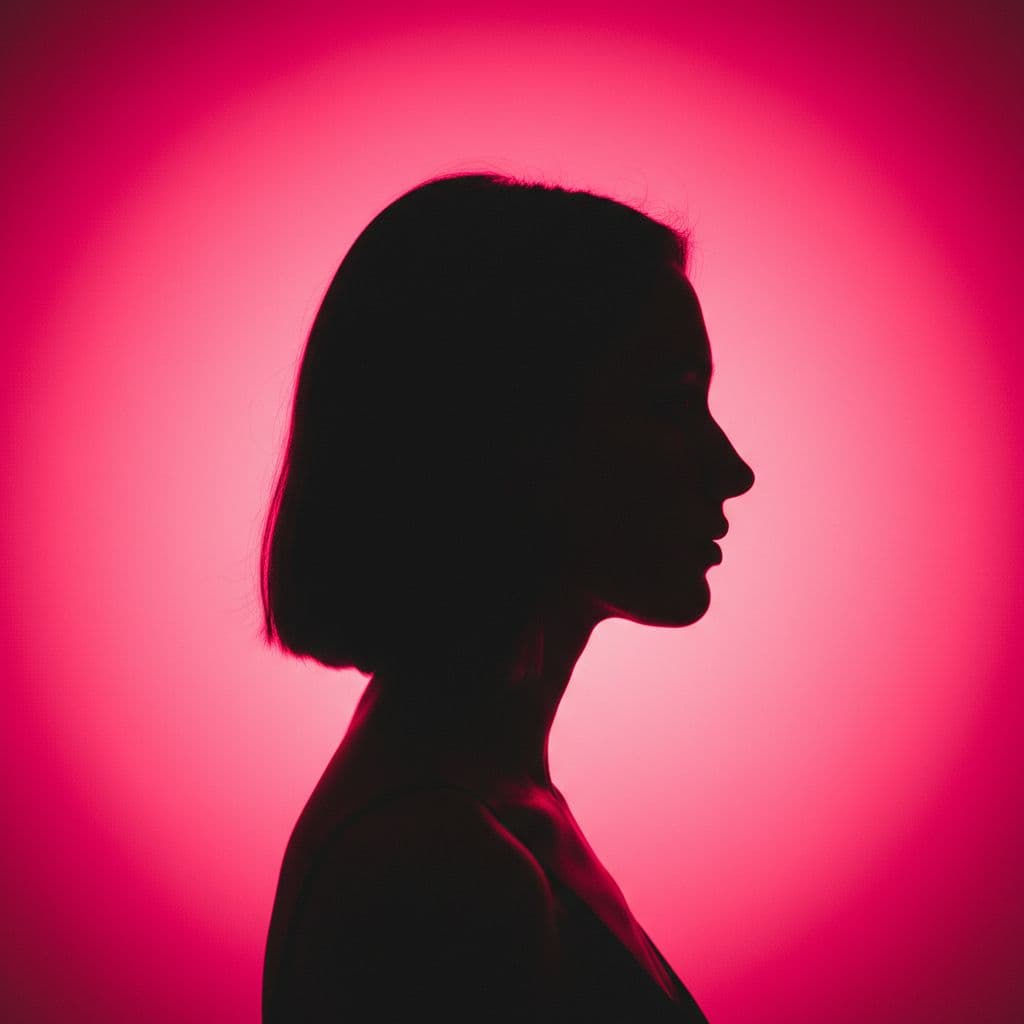 AI generated: photography, portrait of contrast, profile silhouette of a woman, vibrant hot pink backdrop, visuali...