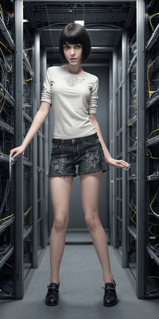 AI generated: (Full body:1) of a young girl, smart casual, hacker's server room, detailed face, ((cool facial expr...