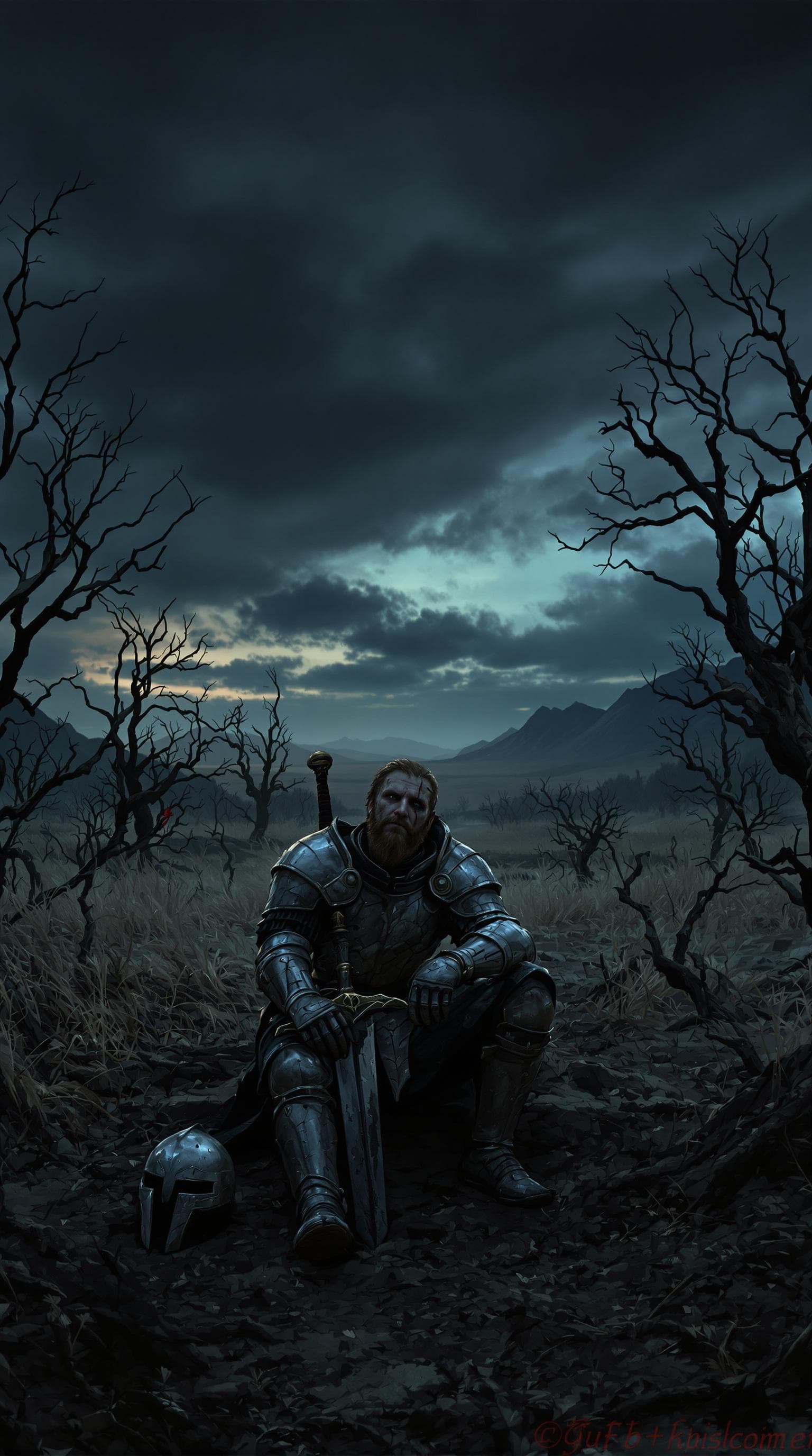 AI generated: Create a highly detailed, dark fantasy scene of a weary knight sitting in a desolate, overgrown fiel...