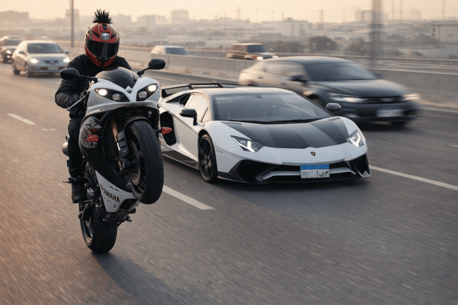 AI generated: Change The Biker‘s helmet to be the upload helmet
