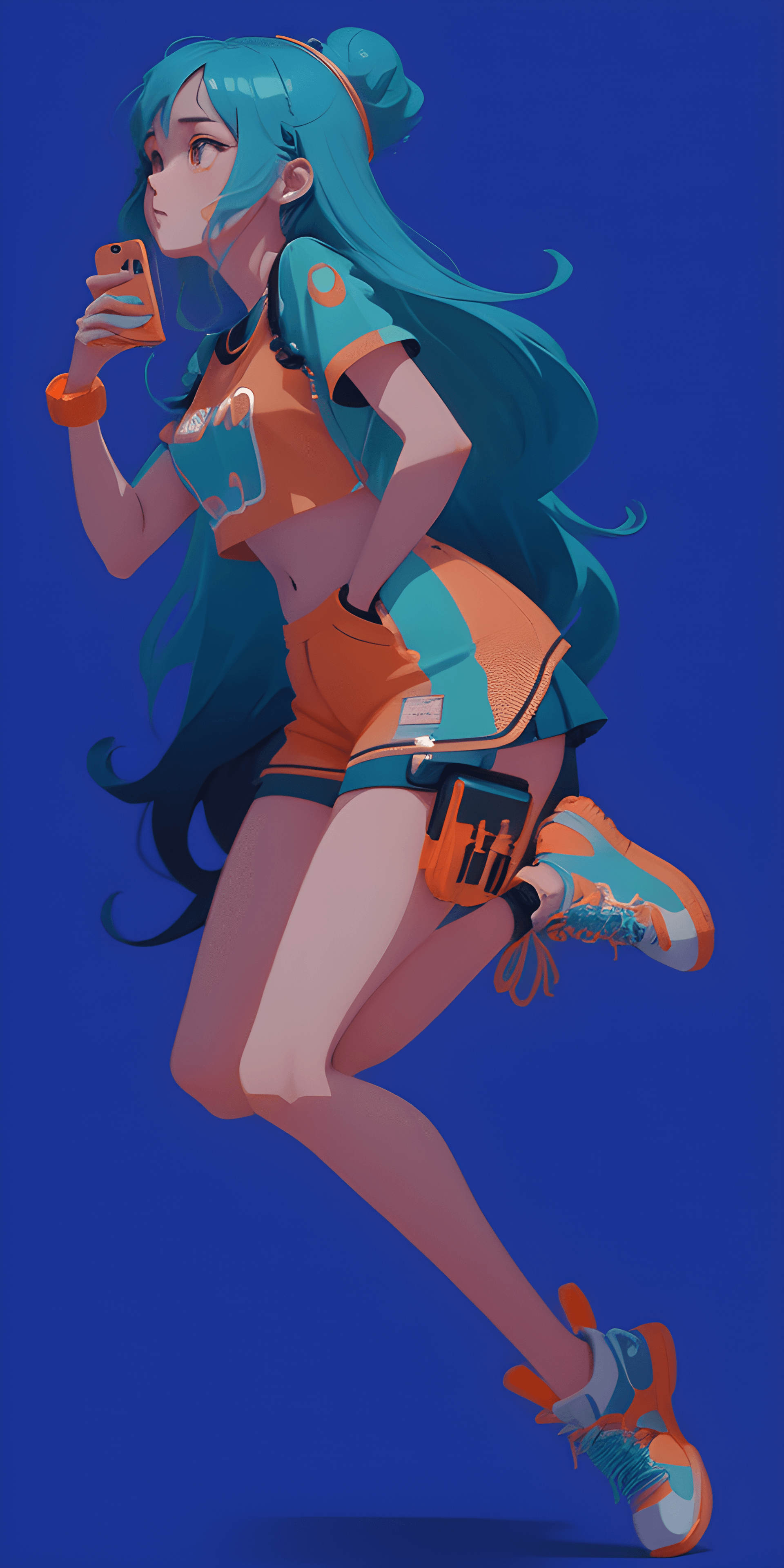 AI generated: a close up of a person on a cell phone, gulf, cyan and orange, hq print, loish |, teal and orange co...