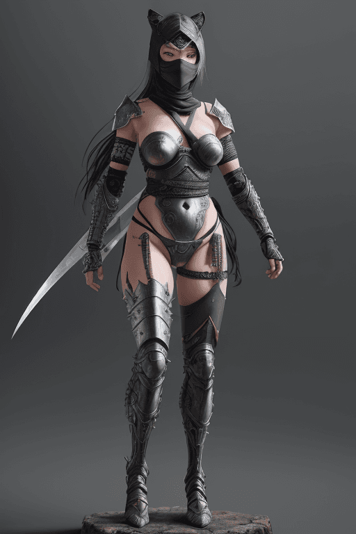 AI generated: a warrior woman, full body, metal armor ninja still, fabric ninja mask, fantasy still detailed eyes,...